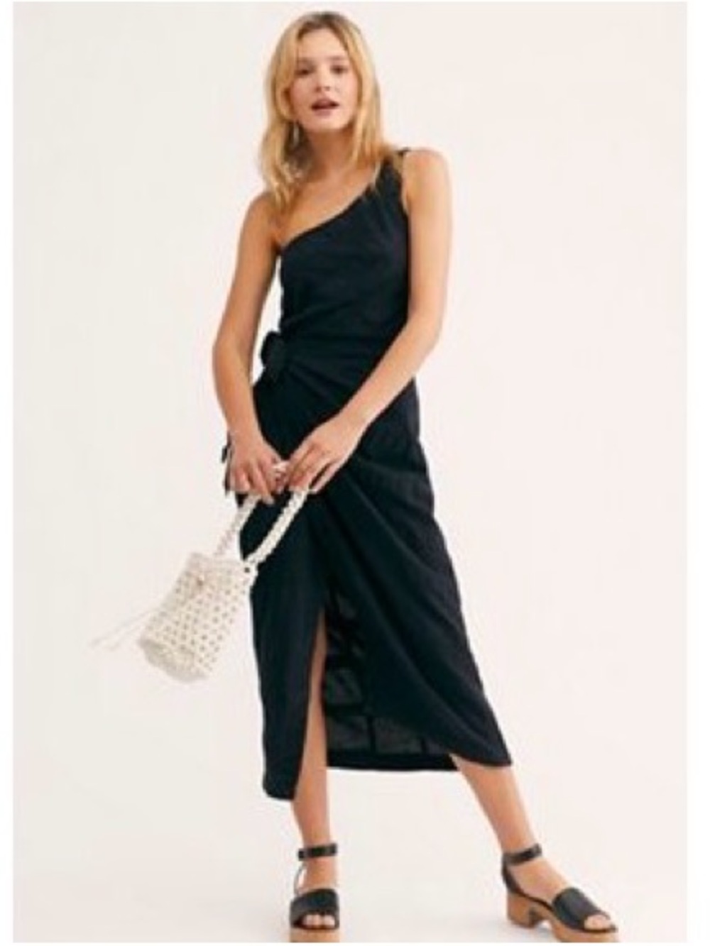 Free People One-Shoulder Black Midi Dress with Side Slit